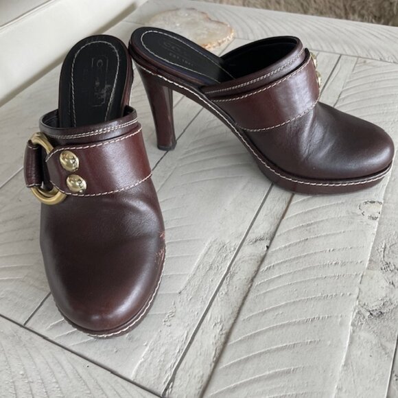COACH PRE-OWNED CLAUDE #A0400 CHESTNUT BROWN LEATHER MULE SLIDE BOOT HIGH HEEL 7 - Picture 1 of 9